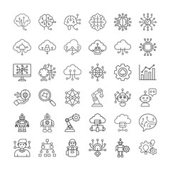 Comprehensive Icon Set Representing Artificial Intelligence, Machine Learning, Robotics, and Data-Driven Technologies for Digital Innovation
