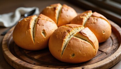 Four freshly baked round bread rolls with golden crusts are arranged on a wooden tray, ready to be served.
