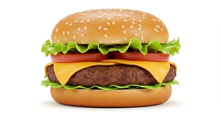 Studio photo of a classic cheeseburger with lettuce, tomato, and melted cheese, centered on a pure white background, soft shadows, professional lighting.