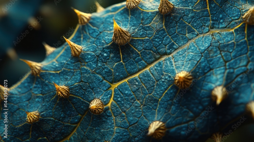 Poster close-up of a textured leaf with sharp spines. intricate patterns and vibrant colors create a unique