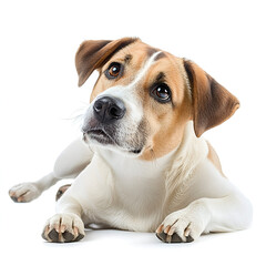 Confused dog laying down isolated on white background
