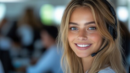 Fototapeta premium Smiling female support agent in engaging office environment with busy colleagues around