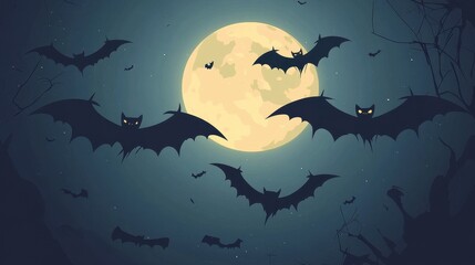 Naklejka premium Halloween night scene with bats flying in front of a full moon. Spooky, dark, and festive illustration.