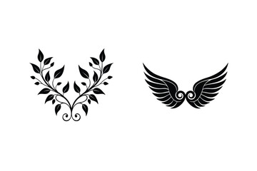 Decorative Flourish Elements Floral Branch And Angel Wings Vector Black Silhouettes Isolated