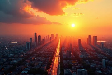 Sun-baked cityscape, buildings radiating heat in shimmering air , sunlight, towers