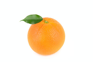 Orange with green leaf isolated on white.