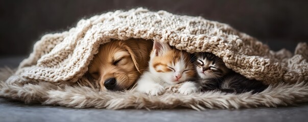 Golden retriever puppy and kittens sleep soundly under blanket