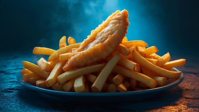 Fish and chips on a plate, served with fries and fish.