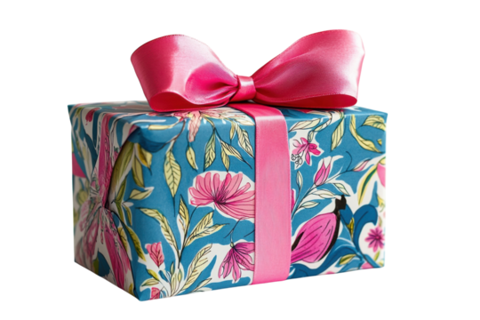 A beautifully wrapped gift box with a vibrant floral design and a bright pink ribbon perfect on transparent background
