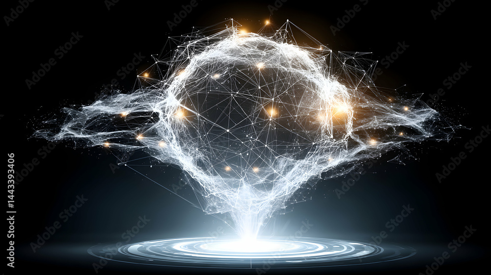 Poster abstract glowing sphere with interconnected nodes, representing global network, digital connections,