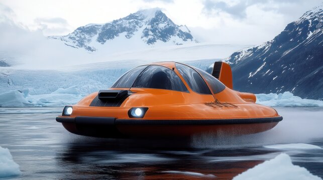 Orange futuristic hovercraft on icy terrain