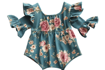 Adorable baby girl s floral romper teal blue with ruffled sleeves perfect for summer on black on transparent background