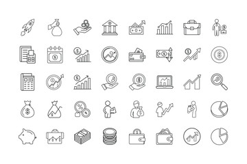 Financial and Investment Line Icons Set. Business Growth, Banking, Profit Analytics, Money Management, Stock Market, Budget Planning, Wallets, Charts, Coins, and Economy Symbols in Modern Style