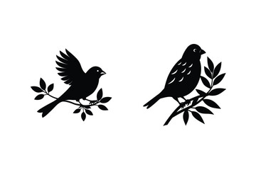 Two Bird Silhouette Vector Illustrations On Branches Isolated On White Background