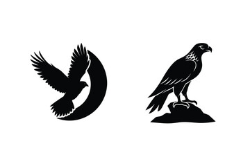 Black And White Silhouette Illustration Of Eagles Flying And Perched On Rock
