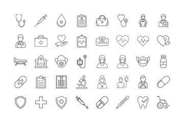 Healthcare and Medical Line Icons Set Hospital, Doctor, Nurse, Medicine, Emergency Care, Vaccination, Diagnostics, Health Insurance, and Medical Equipment in Minimal Outline Styley