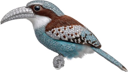Jeweled bird with diamond beak and crystal plumage, perched. Intricate, detailed artwork
