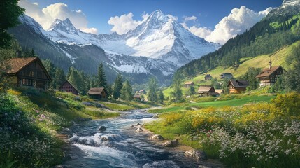 Fototapeta na wymiar Alpine valley scene rustic homes and mountain stream