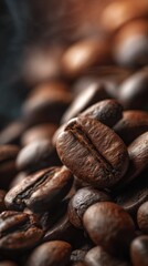 roasted coffee beans pile with rich brown texture, close-up of aromatic coffee beans with soft, directional lighting, concept of coffee shops, cafes, food industry