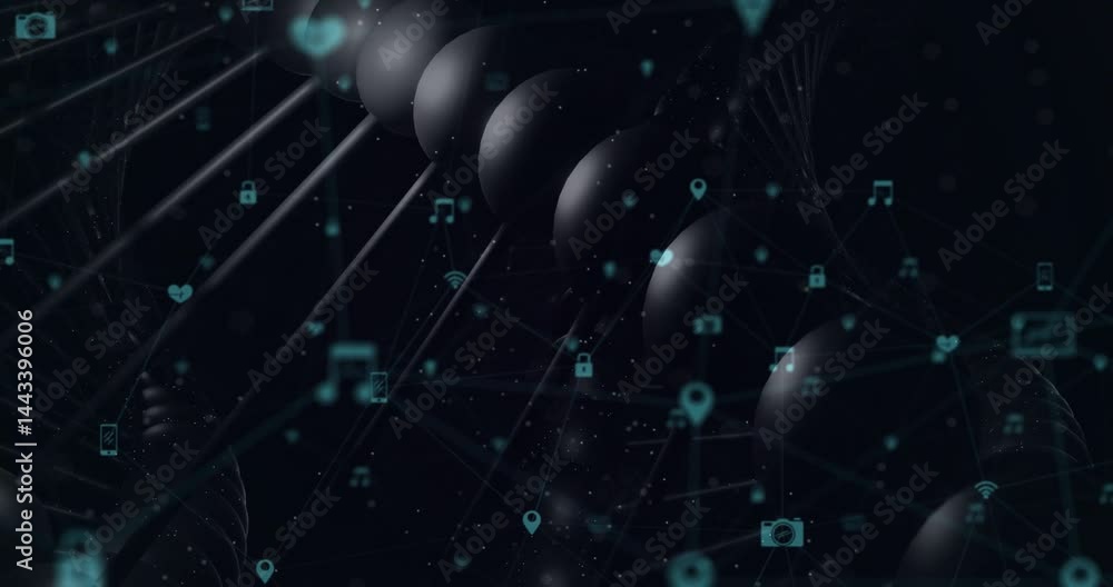 Poster animated 3d molecular helix rotating in dark data space, showing grey spheres, rods and cyan icons