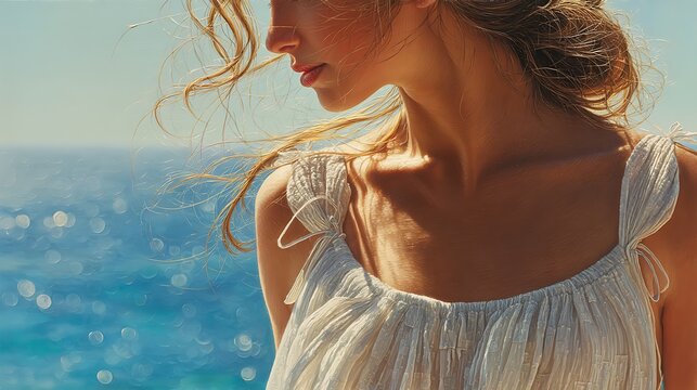 Woman by ocean, summer sun