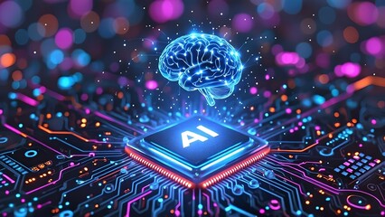 Futuristic AI microchip with glowing brain symbolizing artificial intelligence and neural networks.