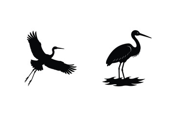 Heron Silhouette Duo Flying And Standing Elegant Bird Vector Illustration