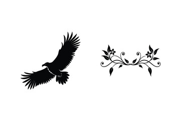 Eagle Silhouette Flying With Floral Design Elements On White Background Graphics