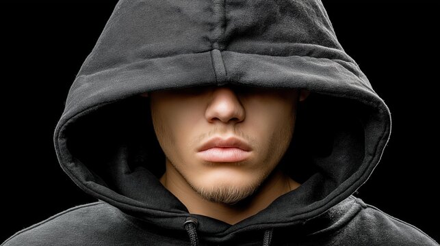 Mysterious figure in black hoodie shrouded in darkness creates an enigmatic atmosphere in a stark black backdrop