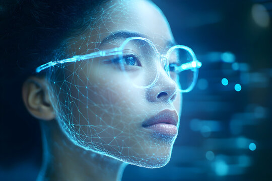 Futuristic portrait of a young woman in glowing glasses with digital facial recognition grid in a high-tech environment