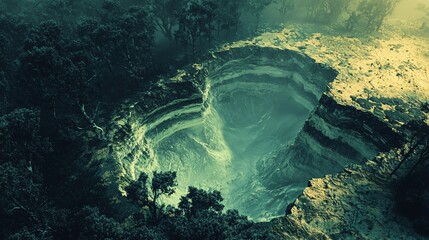 Mysterious hole in the ground surrounded by otherworldly landscape bathed in high-key light evoking a sense of fantasy and intrigue