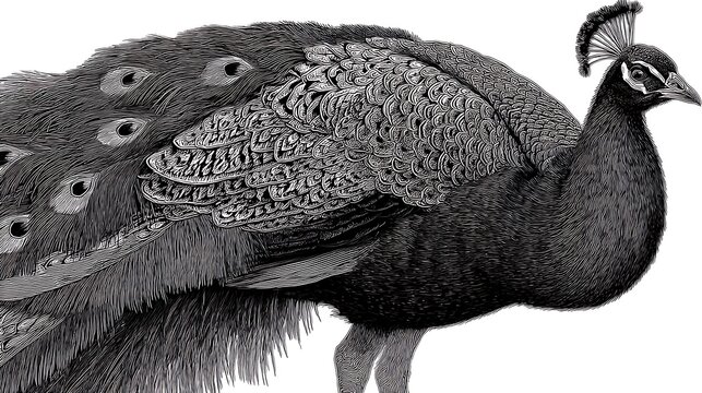 Fototapeta Detailed illustration of a peacock showcasing intricate feather textures in black and white