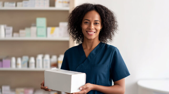 Smiling pharmacist holding a medicine box in a pharmacy, with shelves full of pharmaceutical products in the background