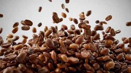 Obraz premium Roasted Coffee Beans Falling and Cascading on White Background