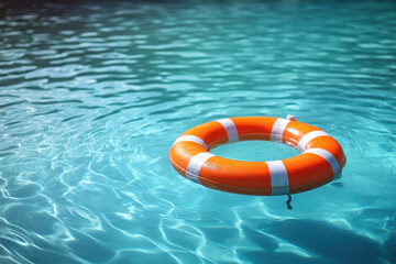Life Preserver Floating in Pool. A vibrant orange life preserver floats serenely on the surface of a crystal-clear swimming pool, perfect for summer relaxation and safety.