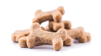Stacked bone-shaped treats Treats are light brown and textured Focus is sharp and background white