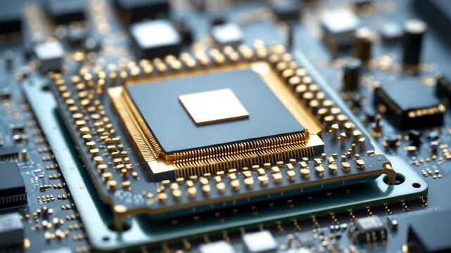 Microprocessor with extensive pins and embedded components such as capacitors and resistors on its circuit board, representing the semiconductor industry and electronic device components.