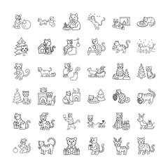 Christmas and Winter Holiday Cat Tiger Line Art Illustrations Festive Felines with Snow, Gifts, Fireplaces, Sleighs, Christmas Trees, Ornaments, and Seasonal Activities
