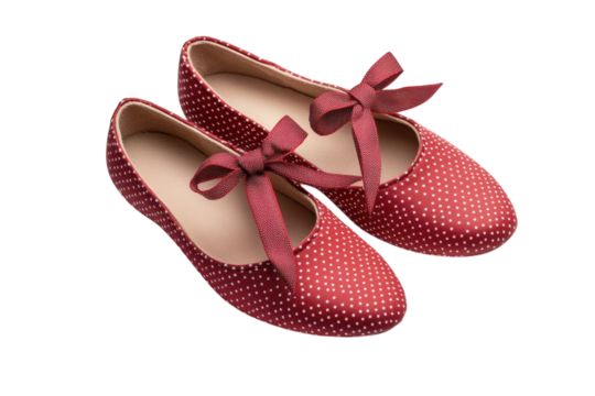 Adorable red polka dot shoes with delicate bows elegantly displayed against a stark black on transparent background