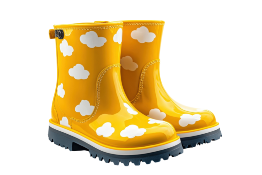 Adorable yellow rain boots with white cloud pattern perfect for kids splashing in puddles on transparent background