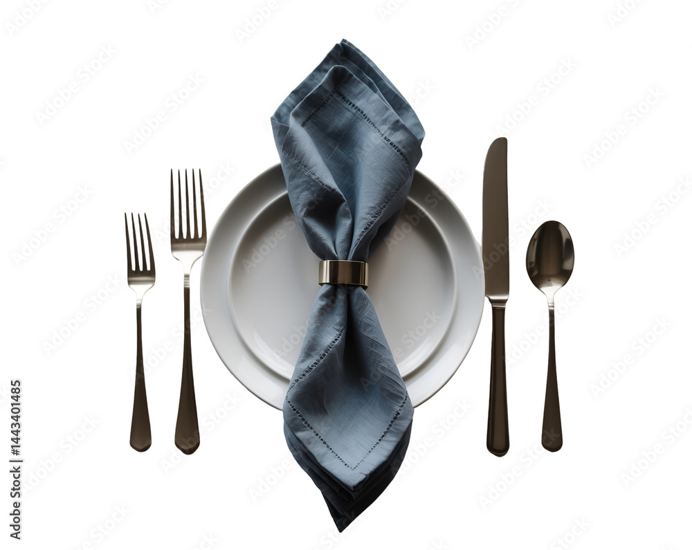 Poster elegant dining, a close-up of a table setting with folded napkins and silverware on an isolated soli