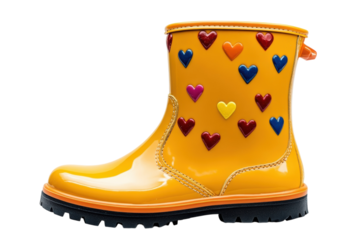 Bright yellow rain boots adorned with colorful hearts perfect for playful kids glossy finish on transparent background