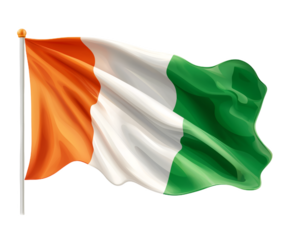 Waving Irish Flag on Transparent Background.
