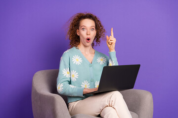 Young stylish woman with curly red hair showing an idea gesture while using a laptop against a...