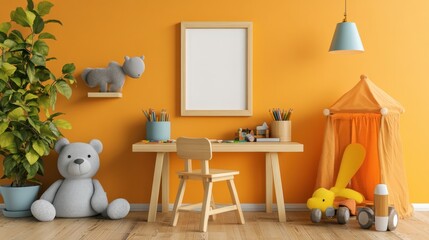 Playful Orange Kids Room Interior Design with Toys and Wooden Desk