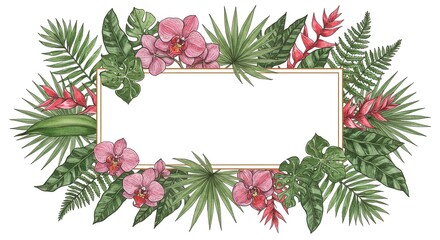 Tropical frame with pink orchids, red heliconia, and various green leaves around a white rectangle