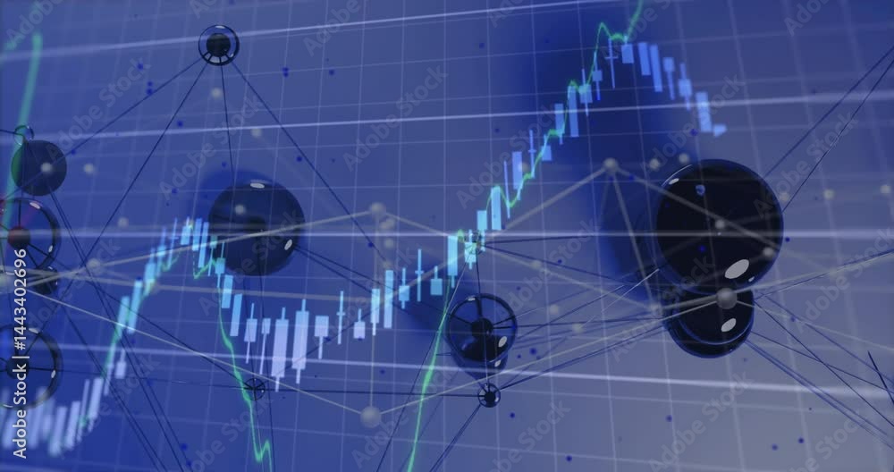 Poster digital network graph being animated on grid interface, showing blue candlestick bars and spheres