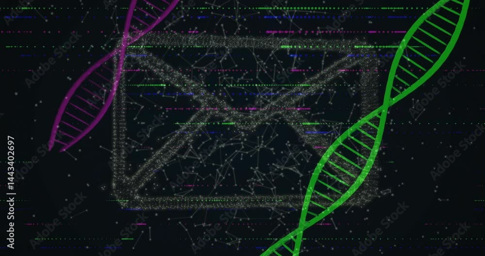 Poster digital envelope icon being animated in cyber-data scene, with glowing dna strands and data nodes