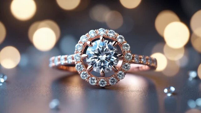 Detailed perspective of an engagement ring. Theme of romance and marriage.