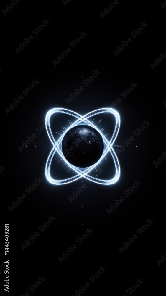 Aufkleber atomic structure with an earth-like planet in the nucleus, set against a dark, gradient background.